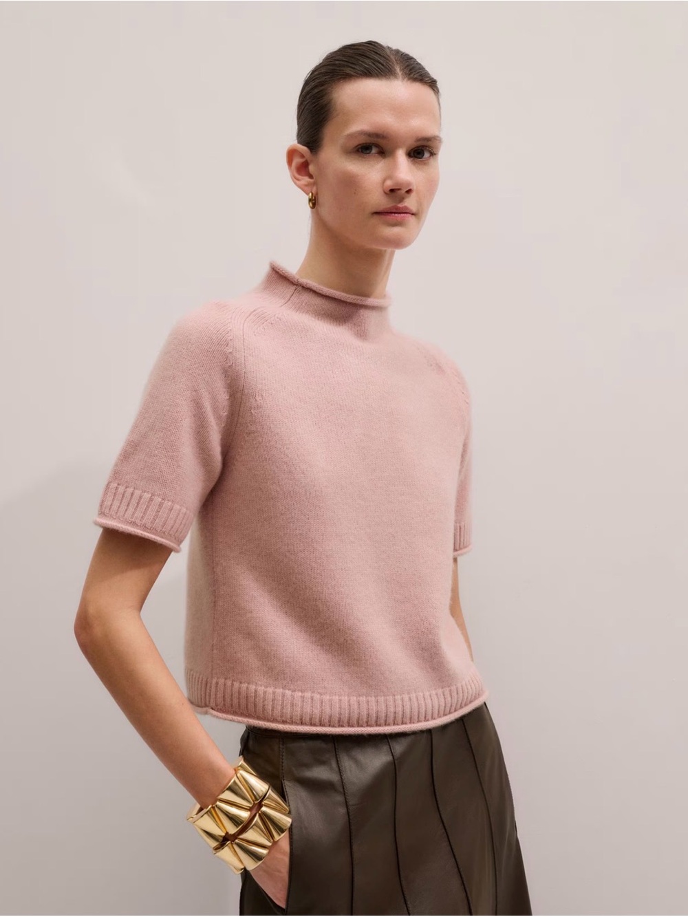 ME+ EM Cashmere Roll Trim Knit Tee in smoke pink Sz L NWT